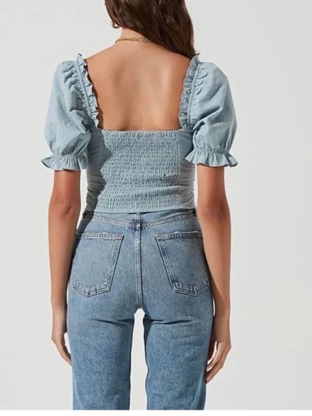 Astr The Label Raya Corset Top Puff Sleeve Crop Dusty Blue Bustier Smocked Back